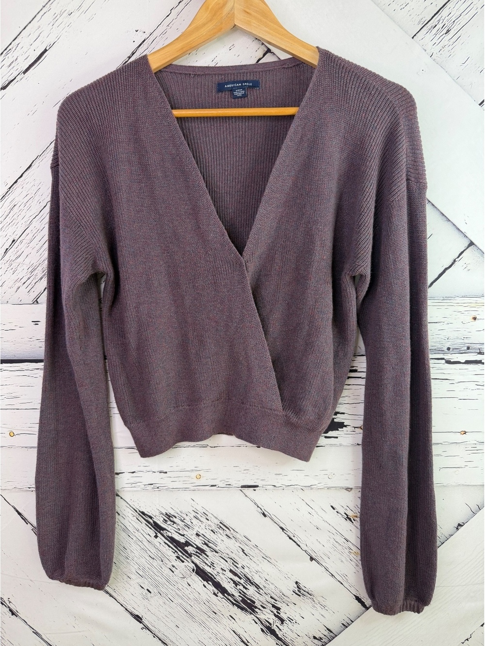 American Eagle Ribbed Ballet Core Cropped Wrap Sweater Deep Purple Women’s SM